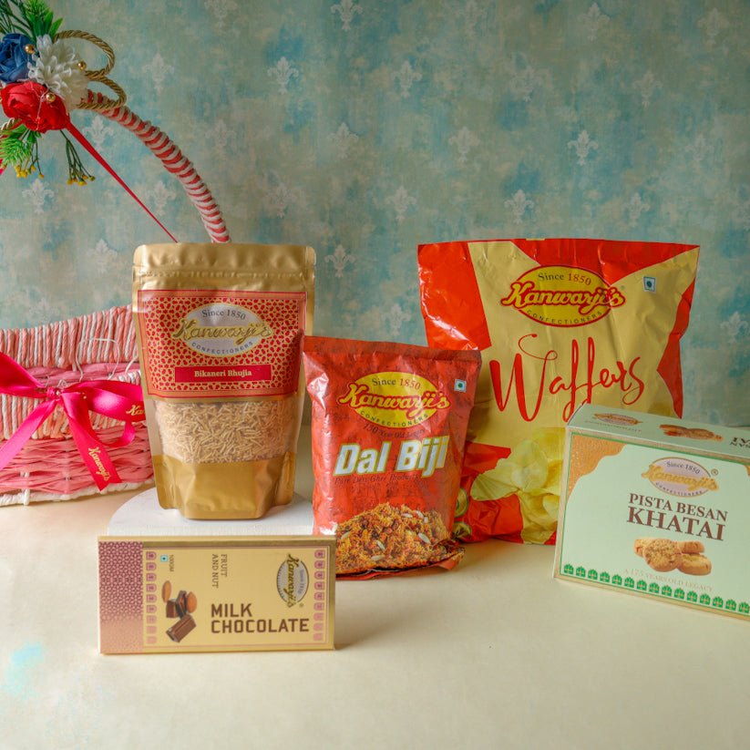 Dal Biji, Bikaneri Bhujia, Waifer, Milk Chocolate, Pista Besan Khatai (Gift Pack Combos)